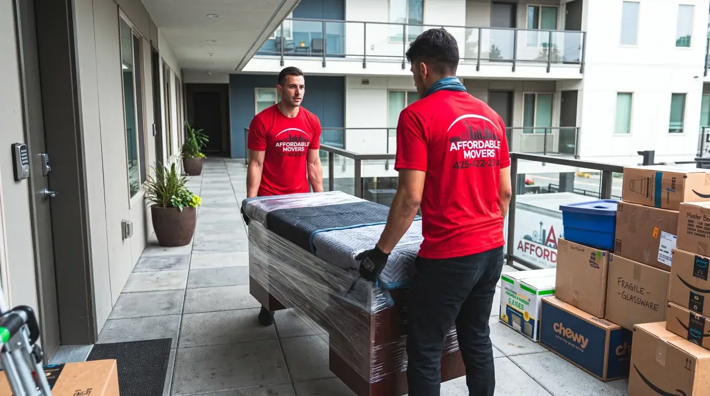Affordable Movers crew carrying protected furniture through an apartment corridor.