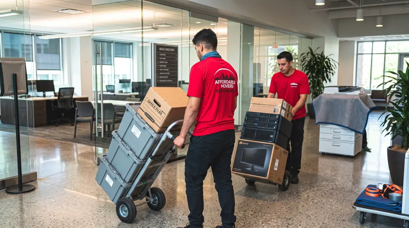 Affordable Movers crew moving office equipment.