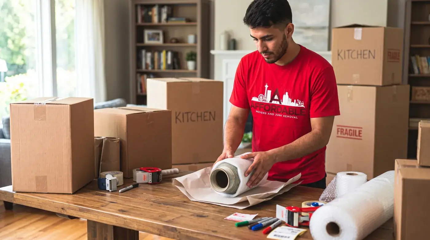 Affordable Movers team member packing household items.